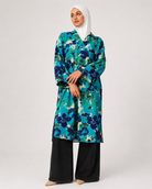 Robe chemise fluide à imprimé floral turquoise pour femme-vue de face