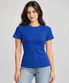 T-shirt ajusté en maille côtelée à manches courtes et col rond_Bleu_detail