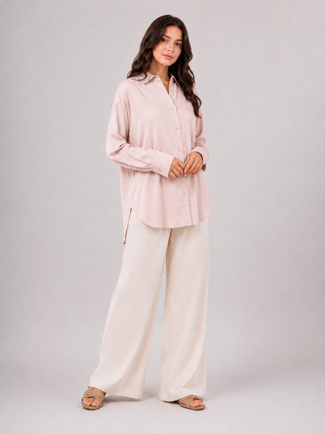 Chemise longue fluide en Tencel-Rose-porté de cote