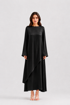 Ensemble long satiné noir avec tunique asymétrique à manches longues, vue de face-Noir- RAZANA