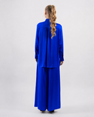 Ensemble fluide satiné avec chemise longue et pantalon palazzo - Bleu-vue arrière