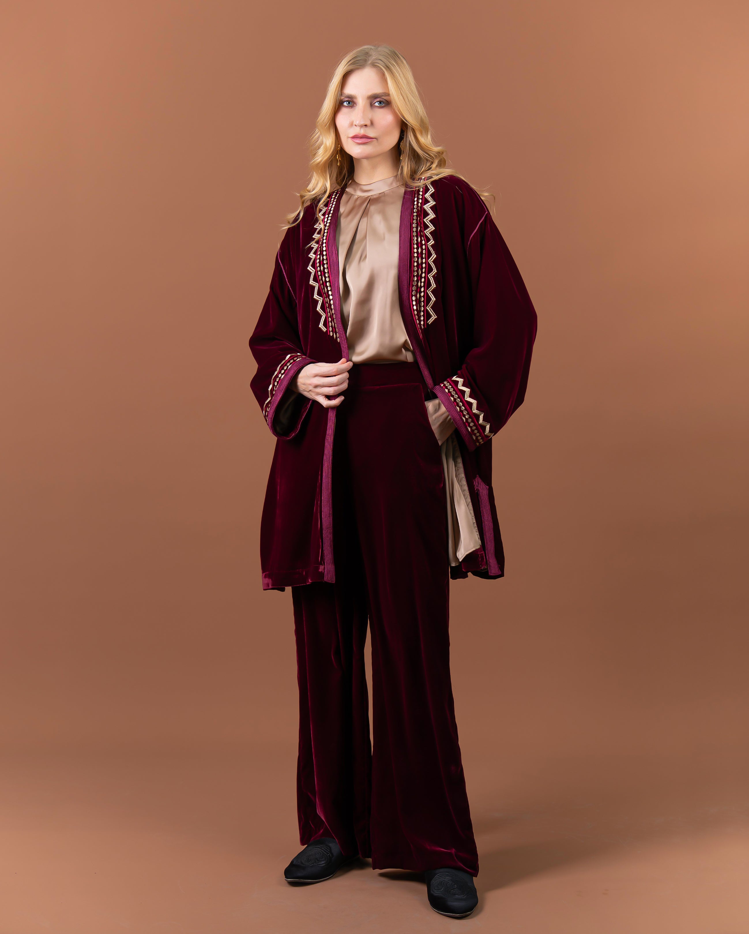 kimono marocain velours bordeaux 