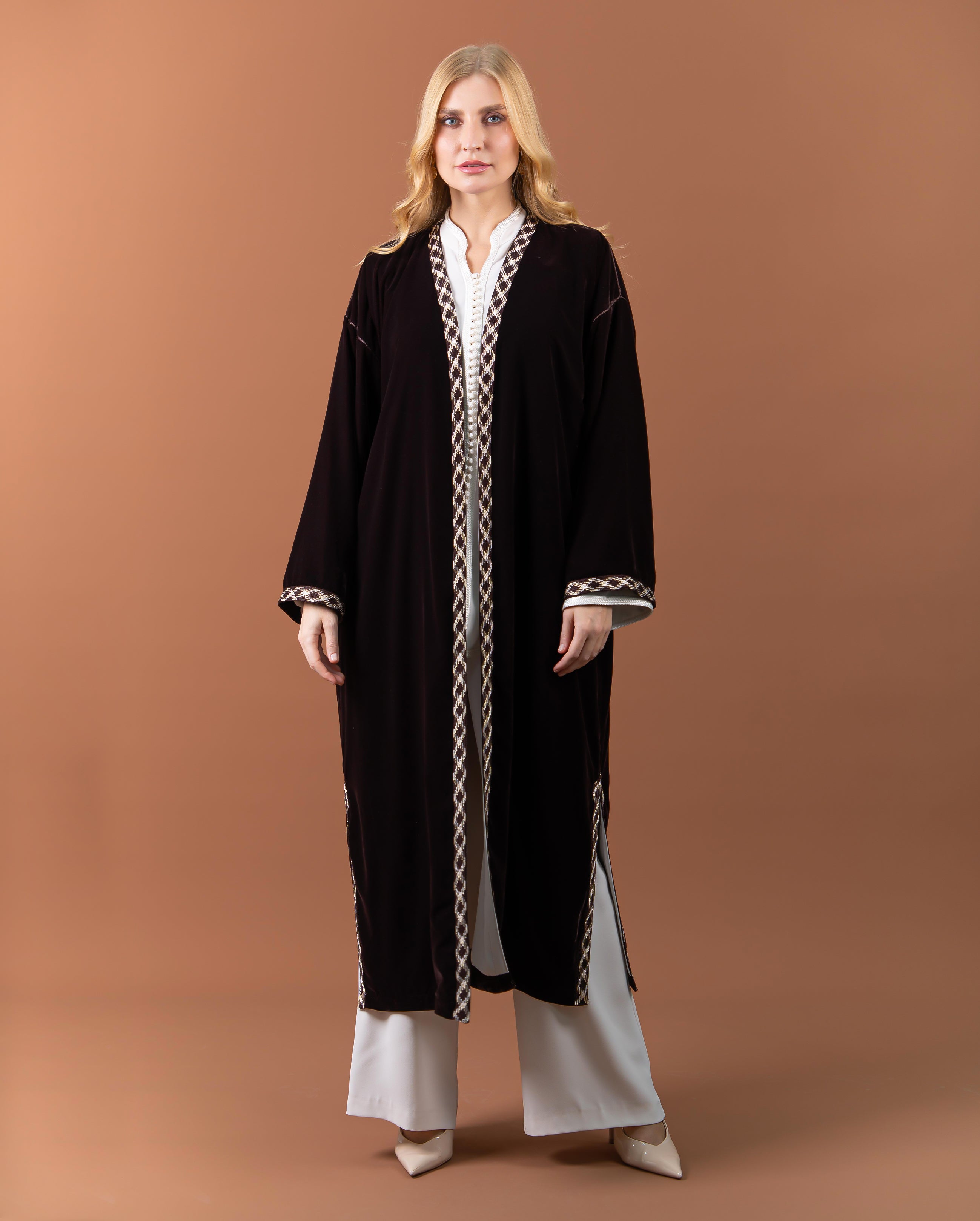 Kimono long en velours avec finitions sfifa pour femme – RAZANA
