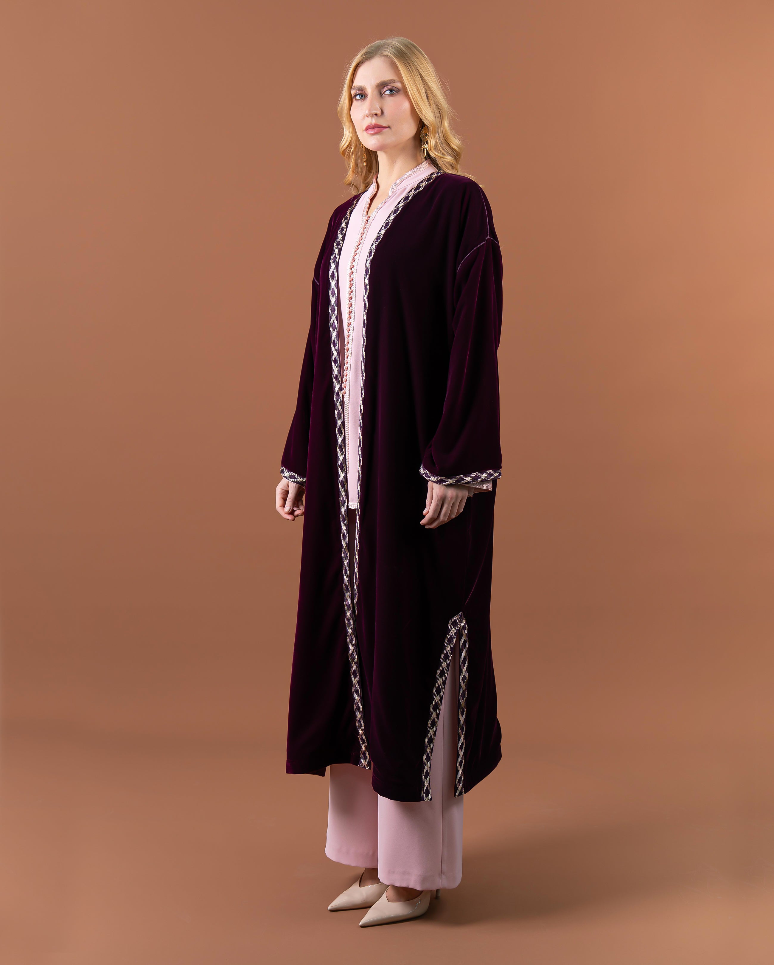 Kimono long en velours avec finitions sfifa pour femme – RAZANA