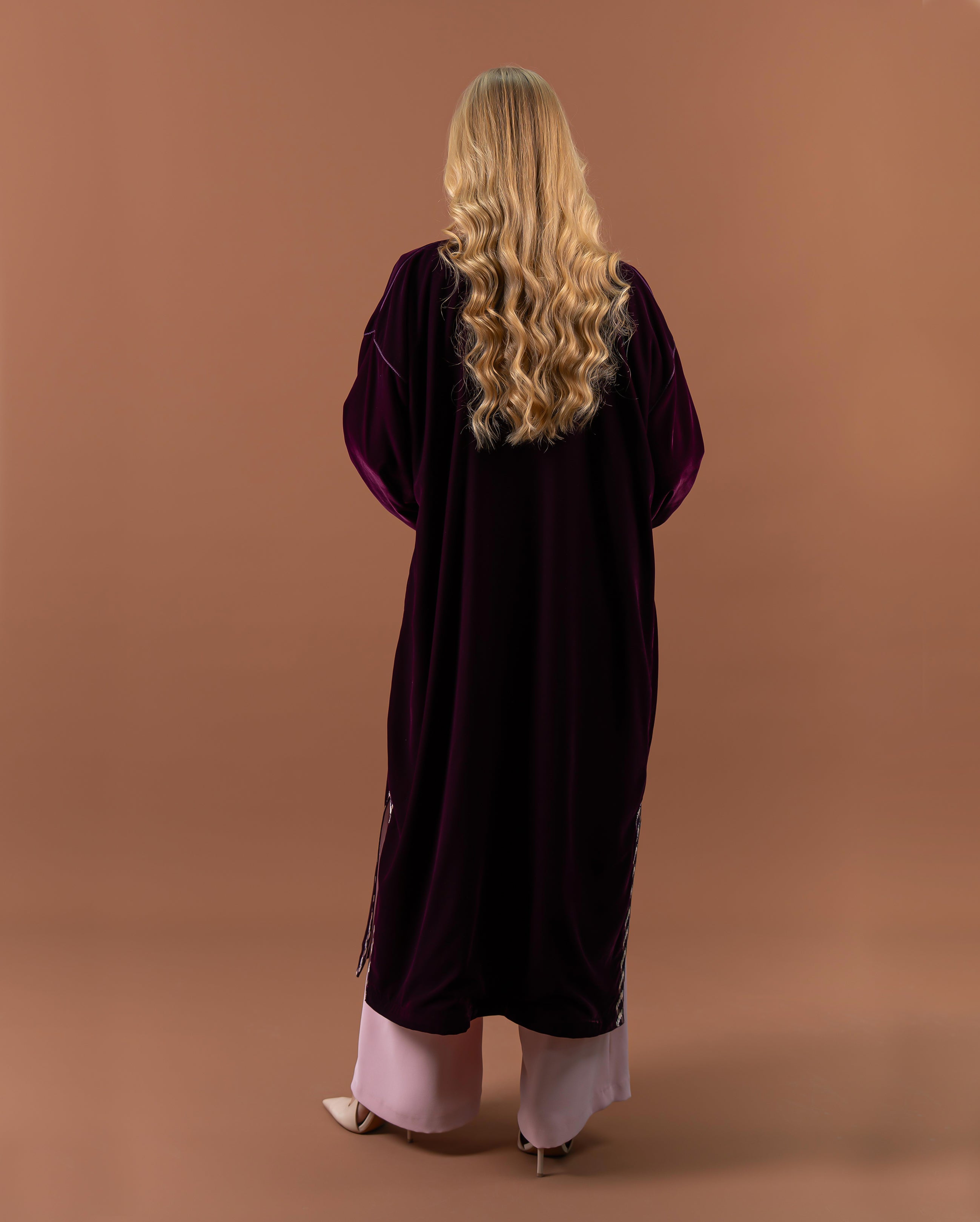 Kimono long en velours avec finitions sfifa pour femme –Prune-dos