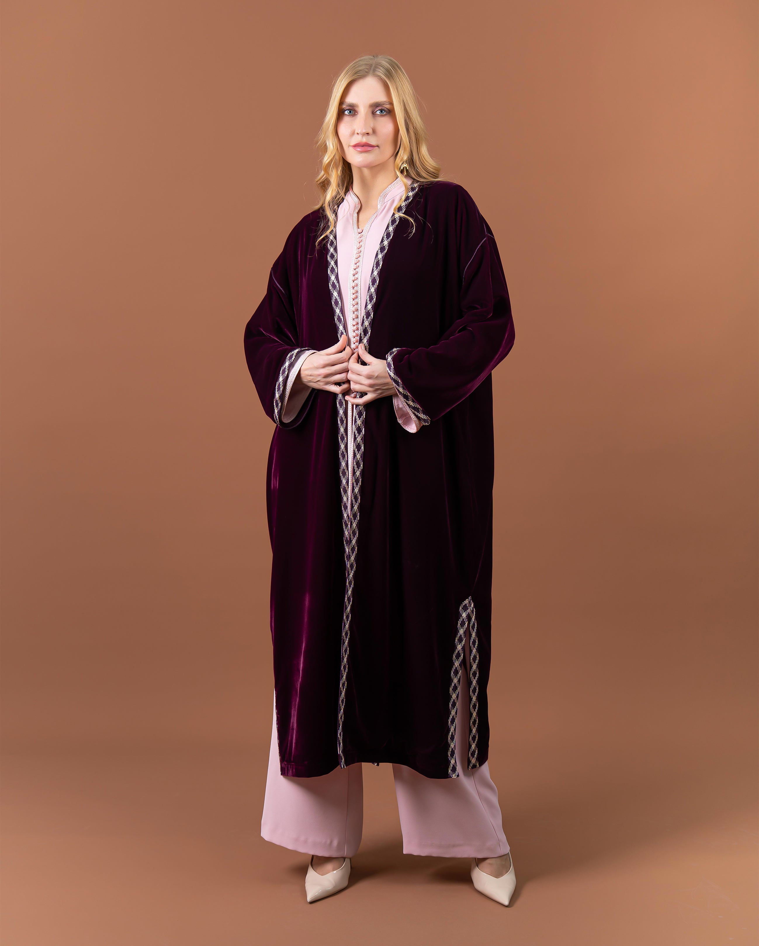 Kimono long en velours avec finitions sfifa pour femme – RAZANA