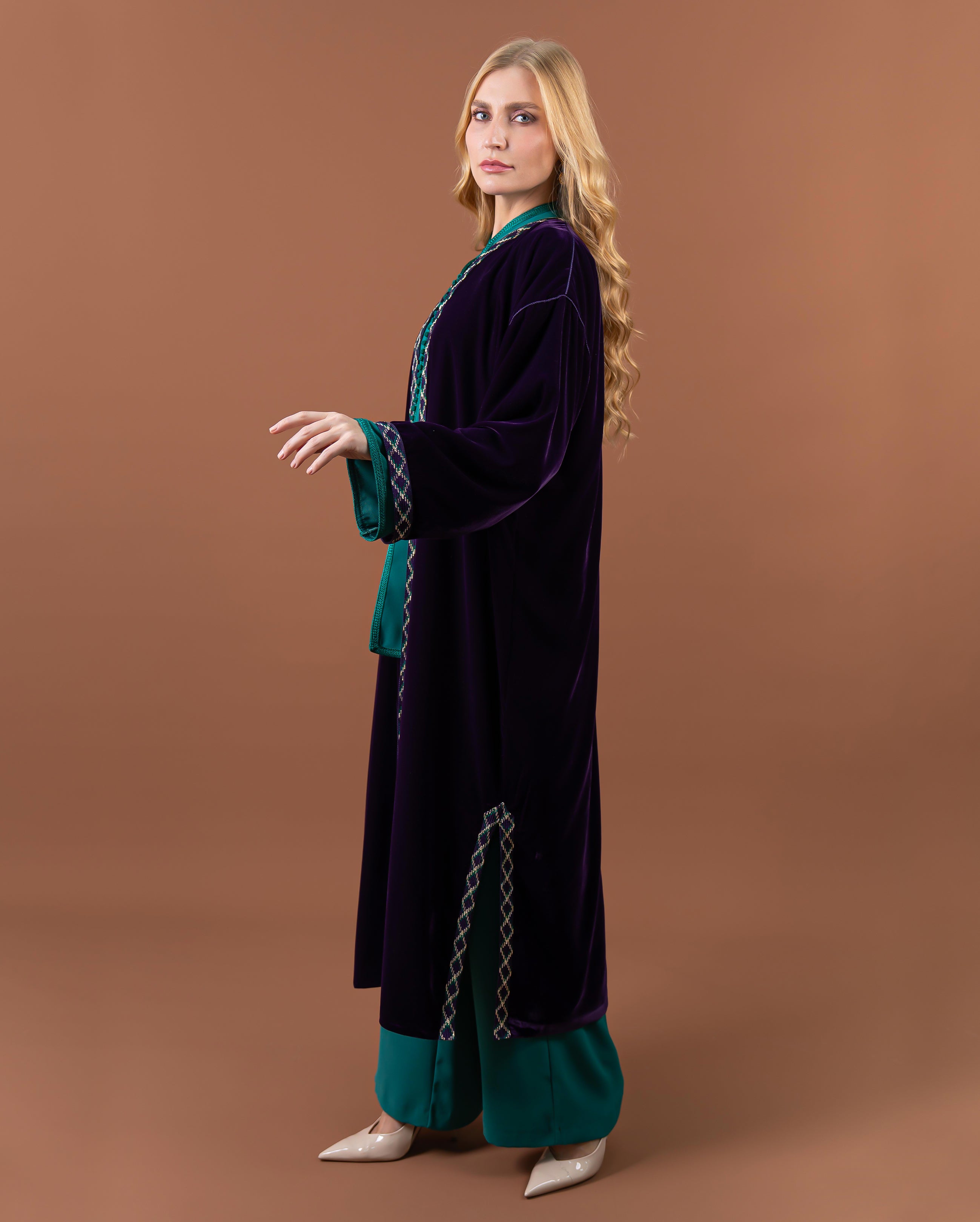Kimono long en velours avec finitions sfifa pour femme –Violet-cote2