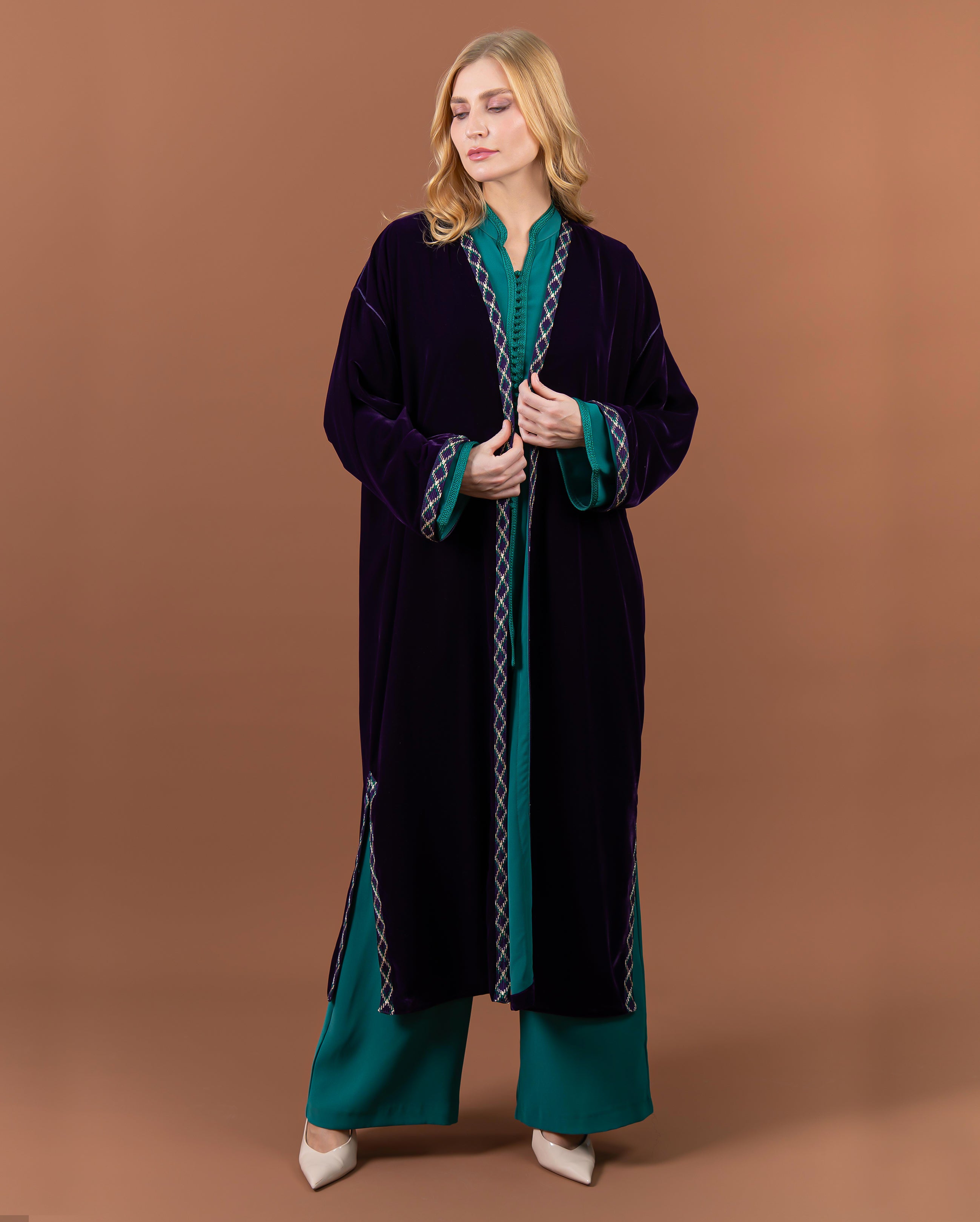 Kimono long en velours avec finitions sfifa pour femme –Violet-face