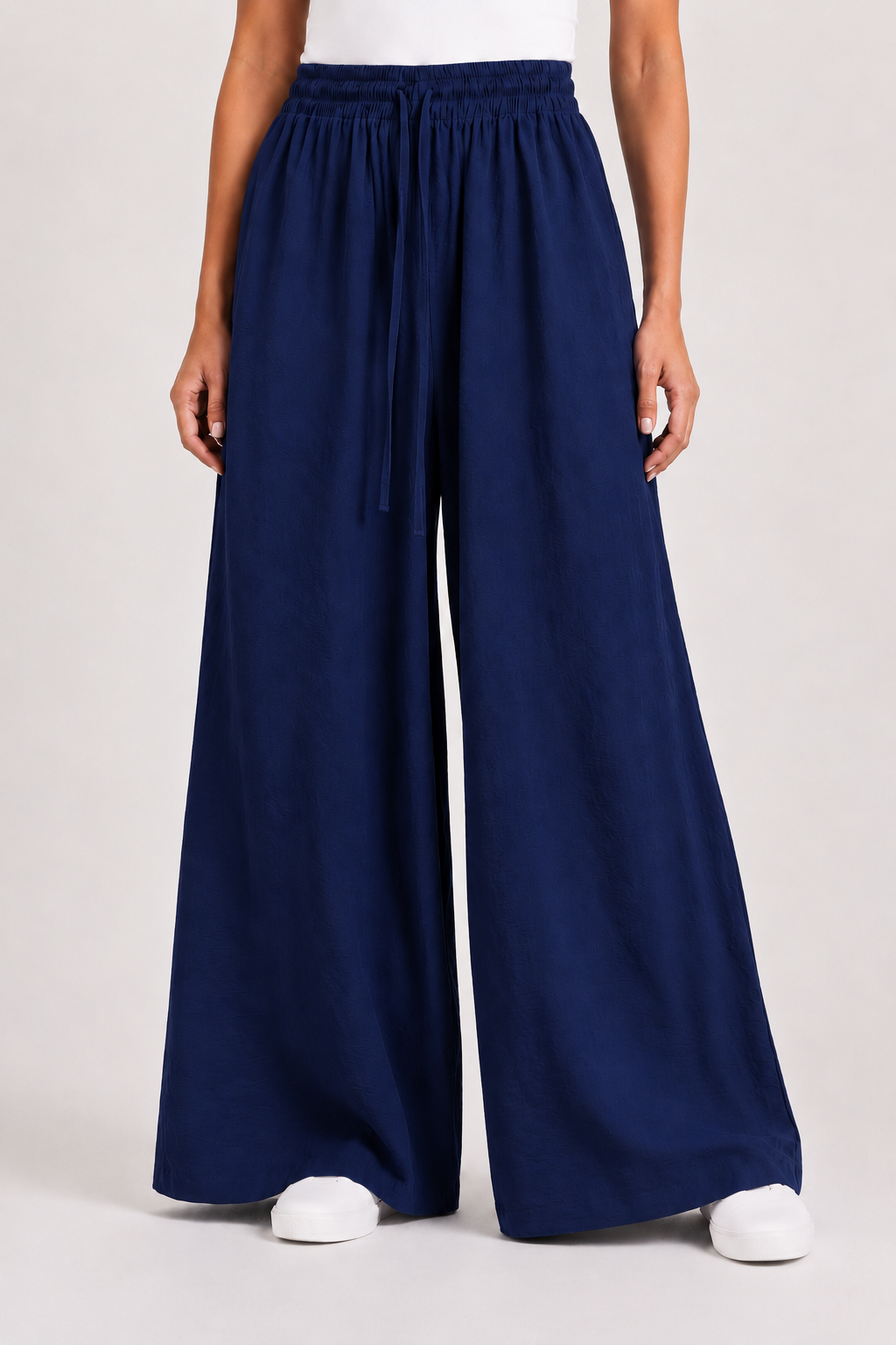Pantalon large fluide texturé avec taille élastique et cordon de serrage-Bleu-RAZANA