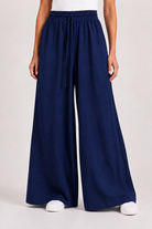 Pantalon large fluide texturé avec taille élastique et cordon de serrage-Bleu-RAZANA