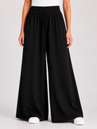 Pantalon large fluide texturé avec taille élastique et cordon de serrage-Noir-RAZANA 