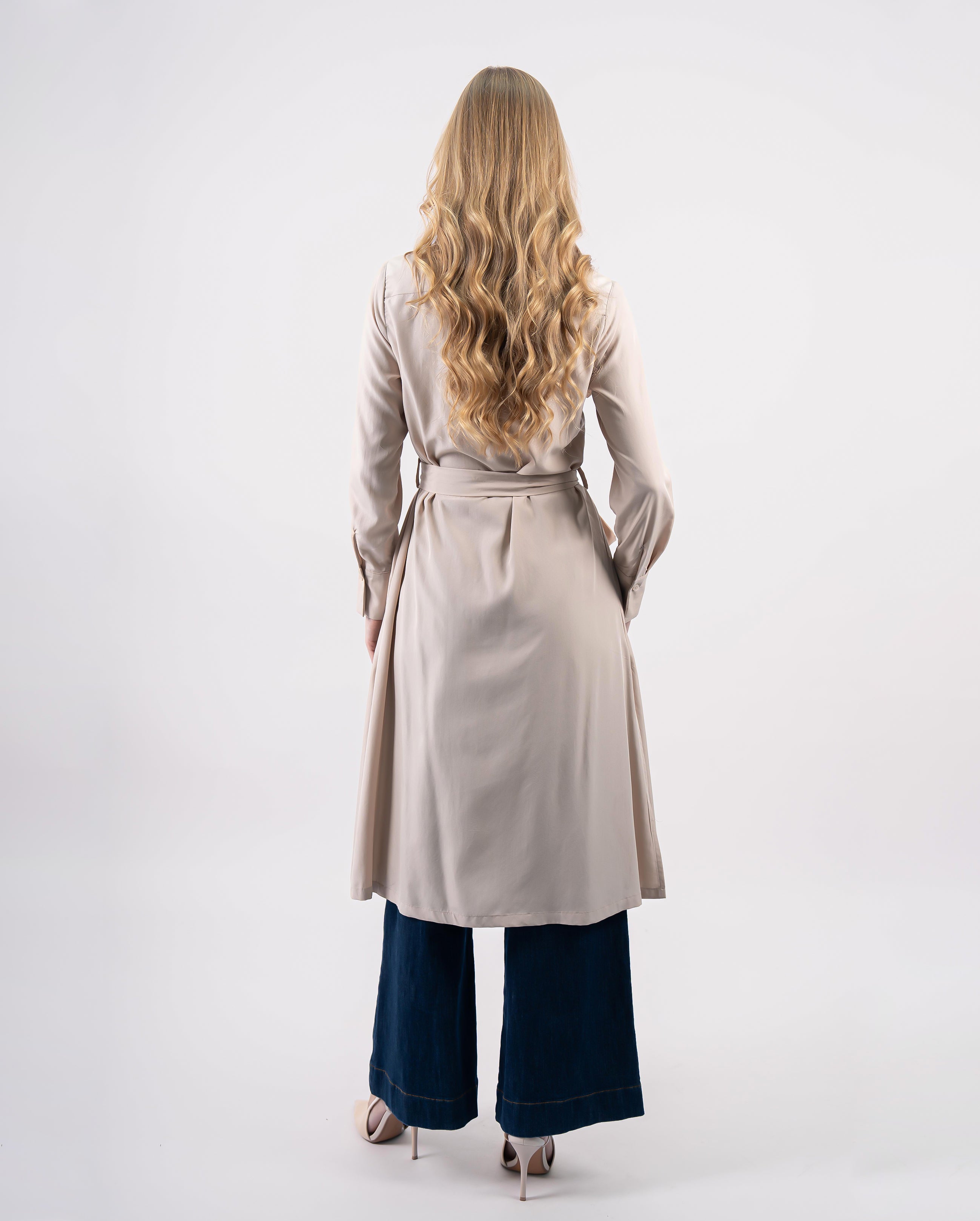 robe chemise fluide ceinturée avec poches poitrine-Beige-dos
