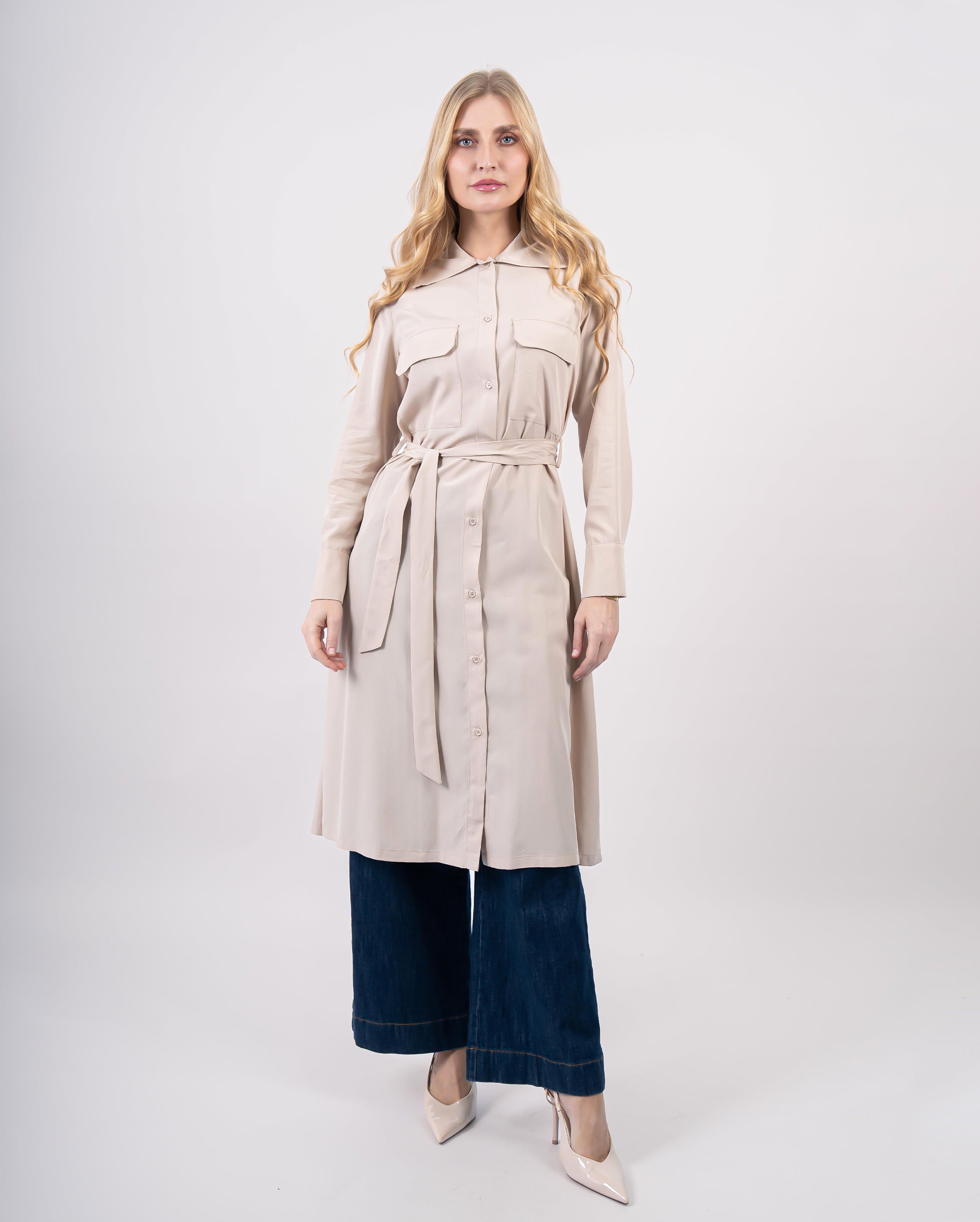 robe chemise fluide ceinturée avec poches poitrine pour femme -Beige-face
