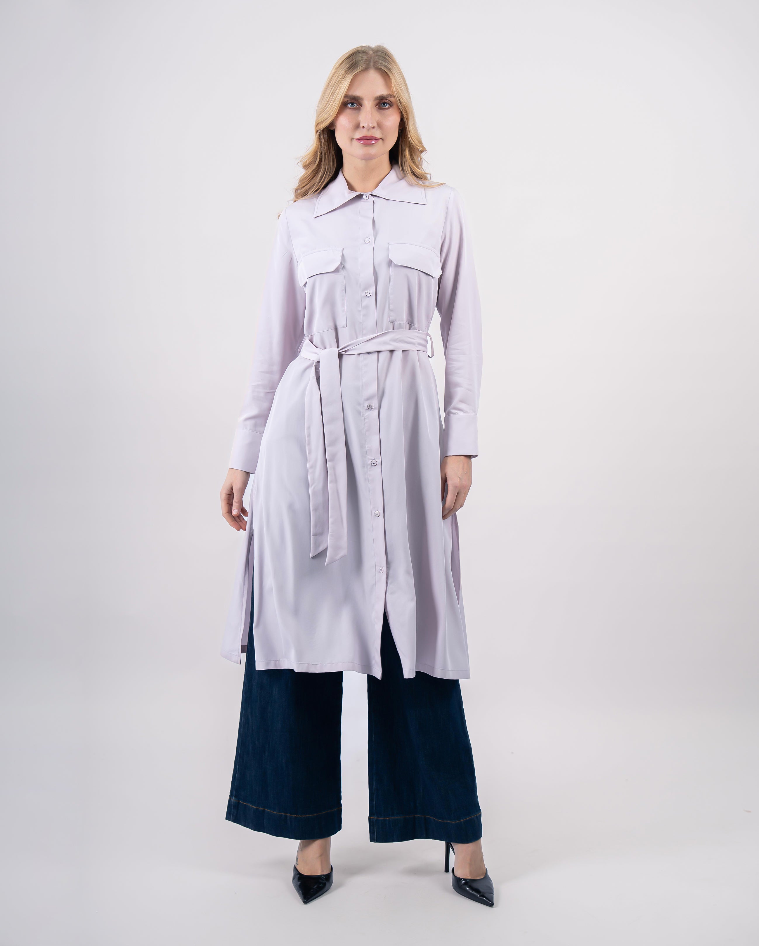 robe chemise fluide ceinturée avec poches poitrine femme -Mauve clair-face