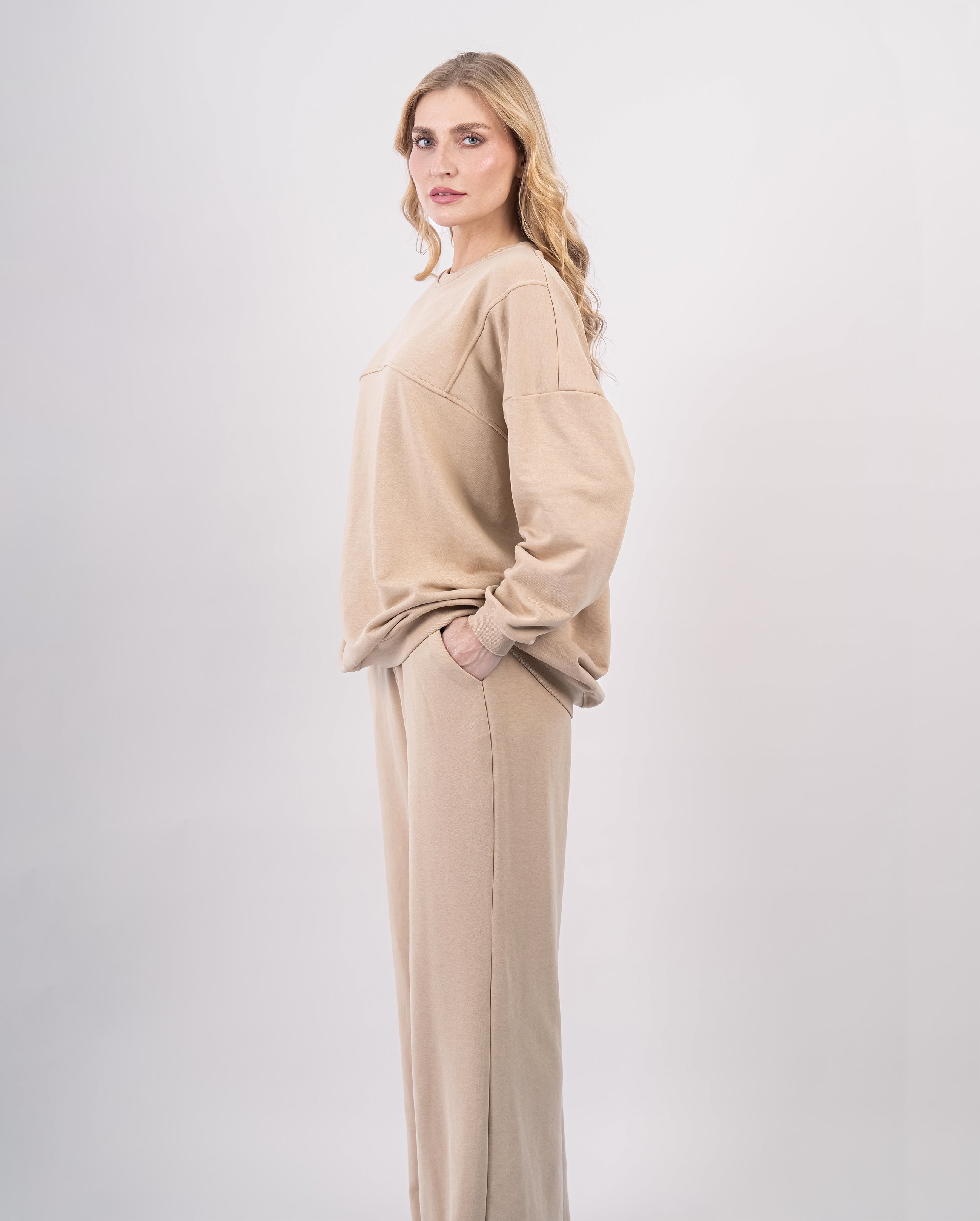 Sweatshirt col rond en molleton-Beige-cote