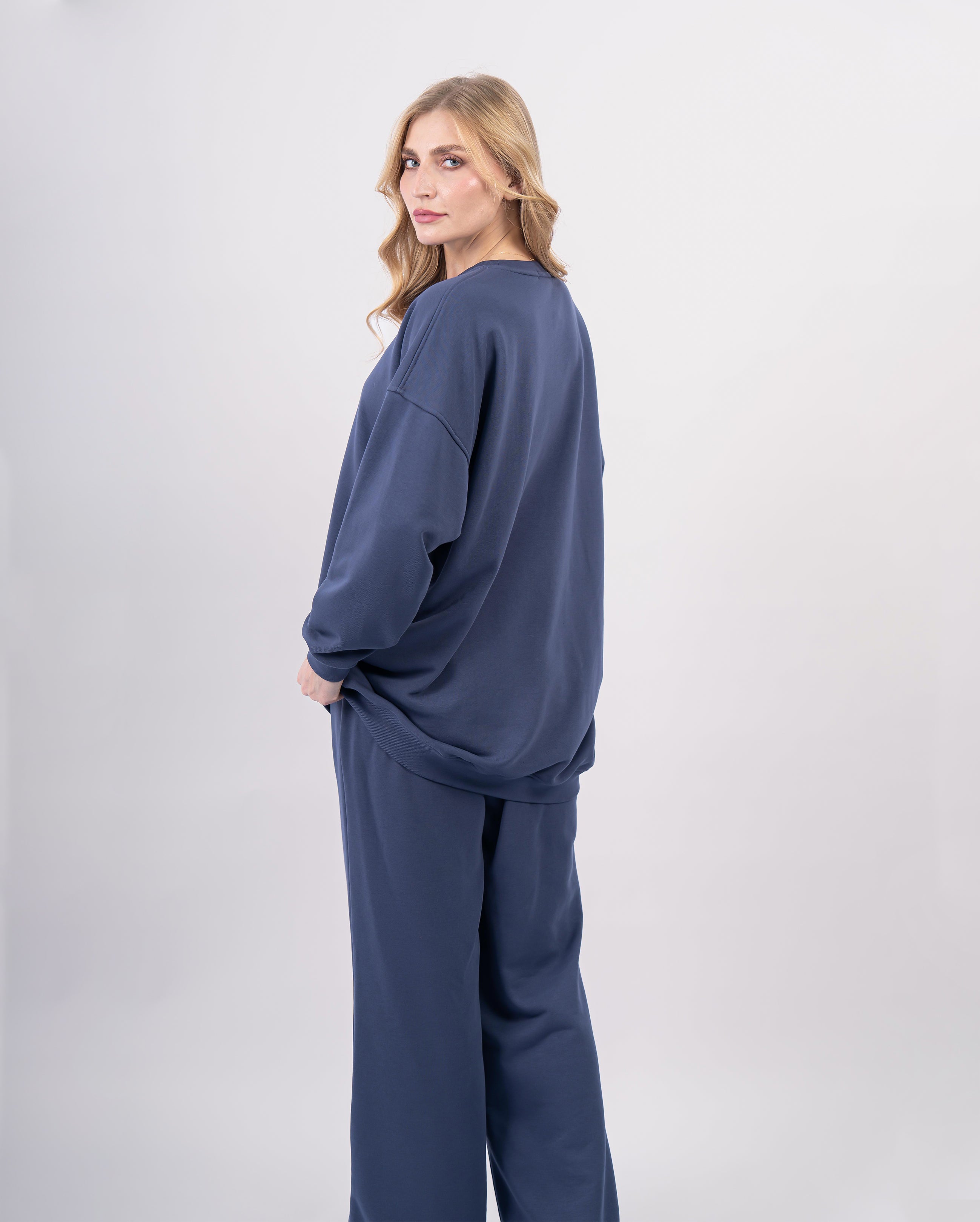 Sweatshirt col rond en molleton-Bleu-cote