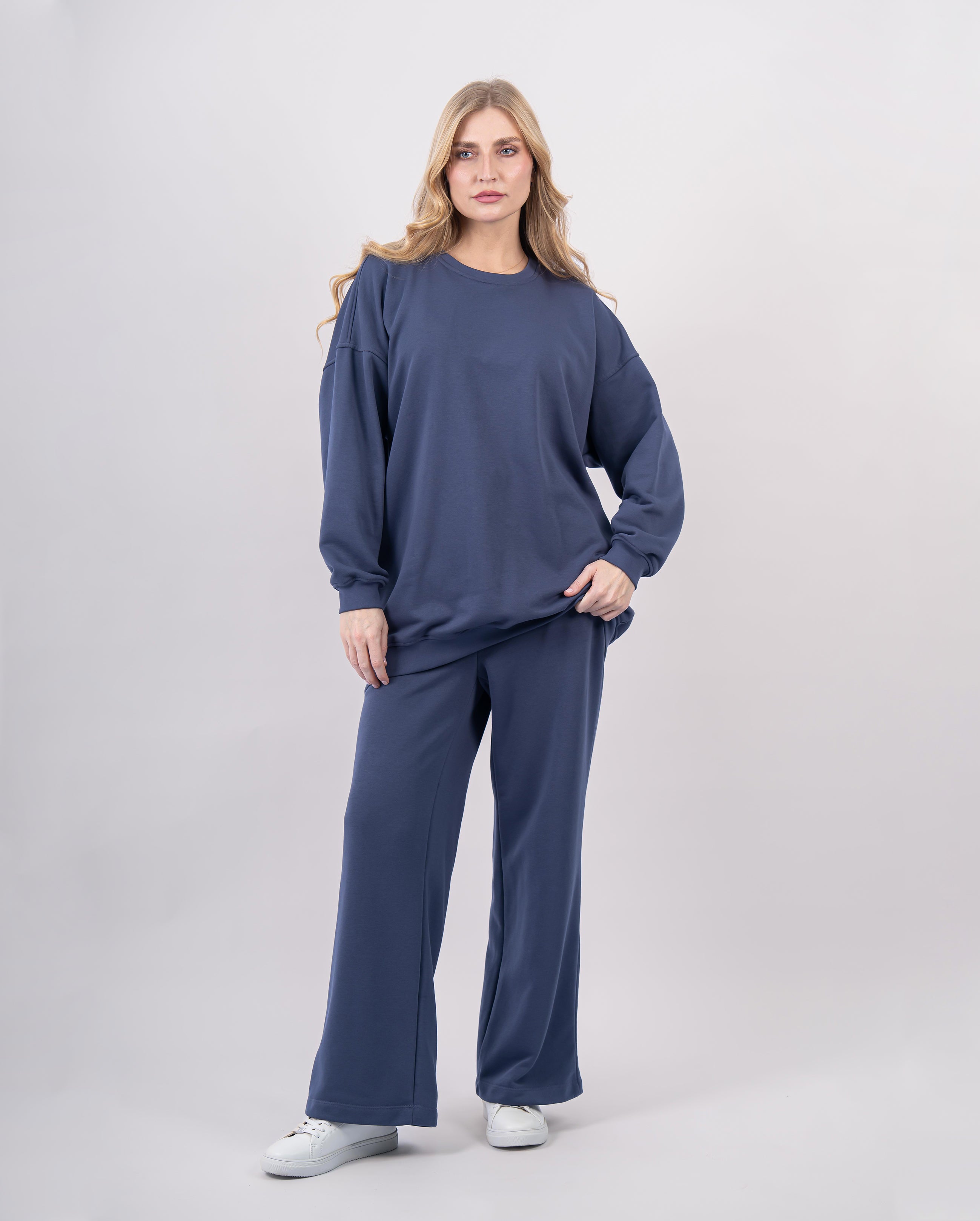Sweatshirt col rond en molleton-Bleu-face
