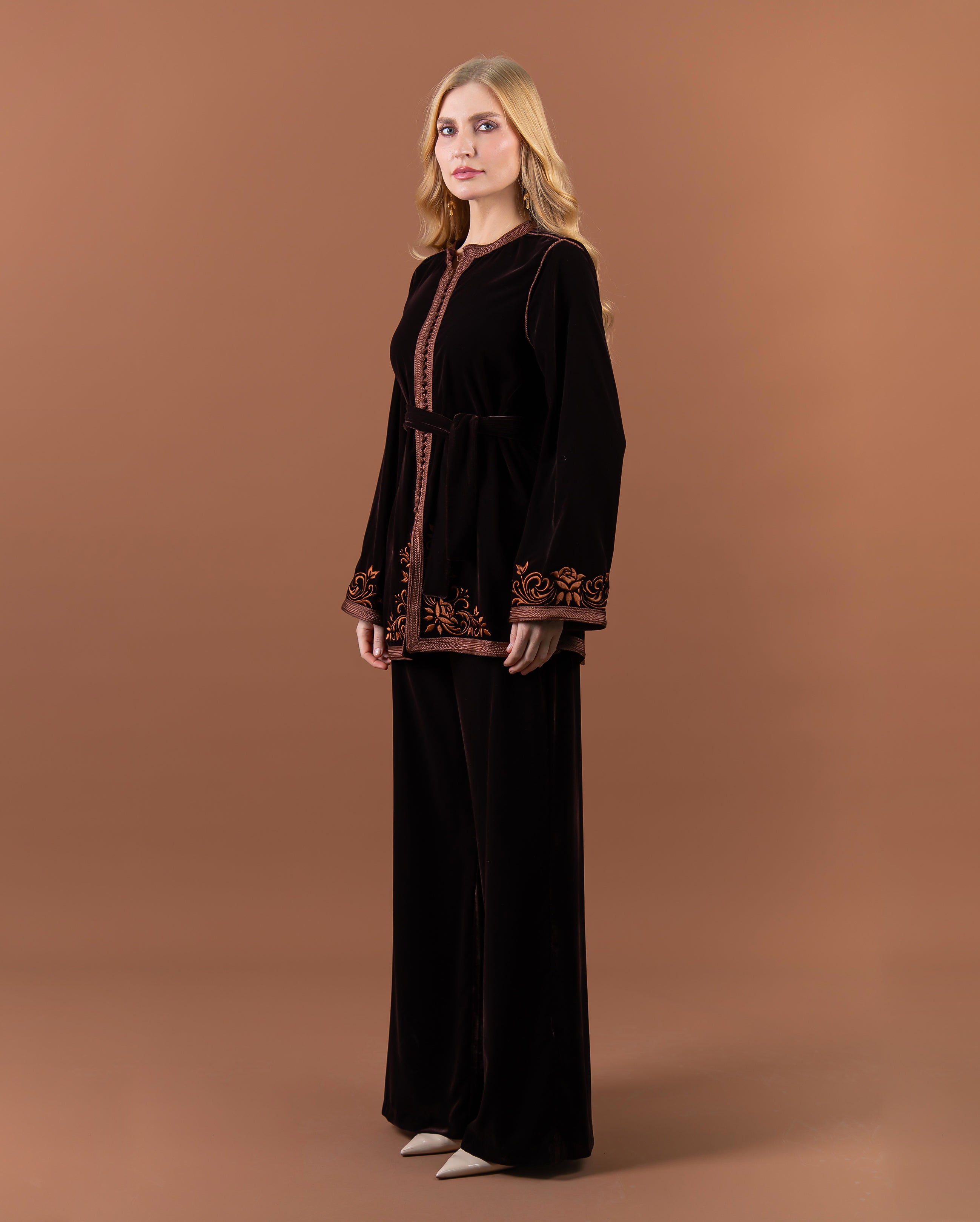 Tunique jabador en velours brodée avec ceinture pour femme-Marron-cote