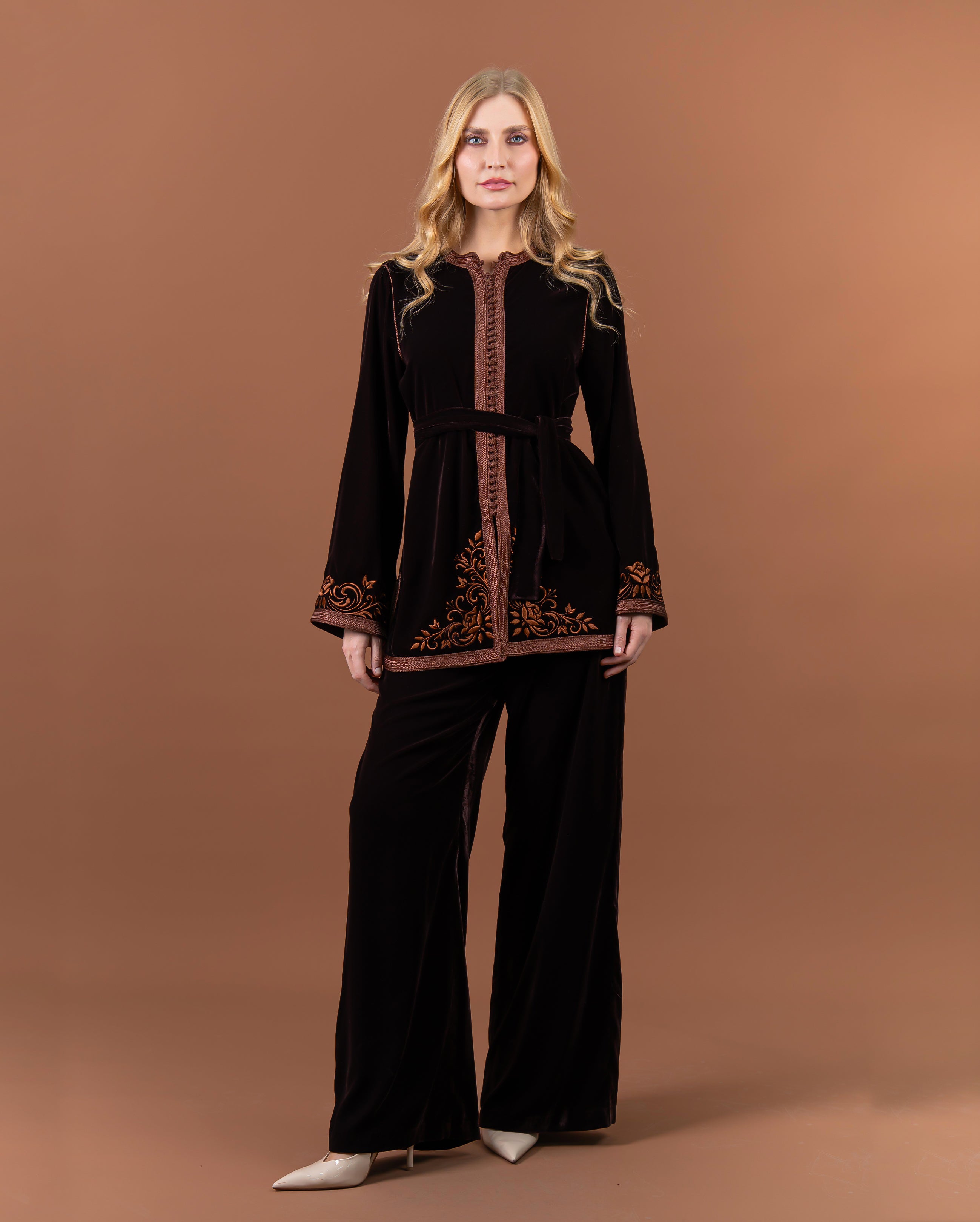 Tunique jabador en velours brodée avec ceinture pour femme-Marron-face