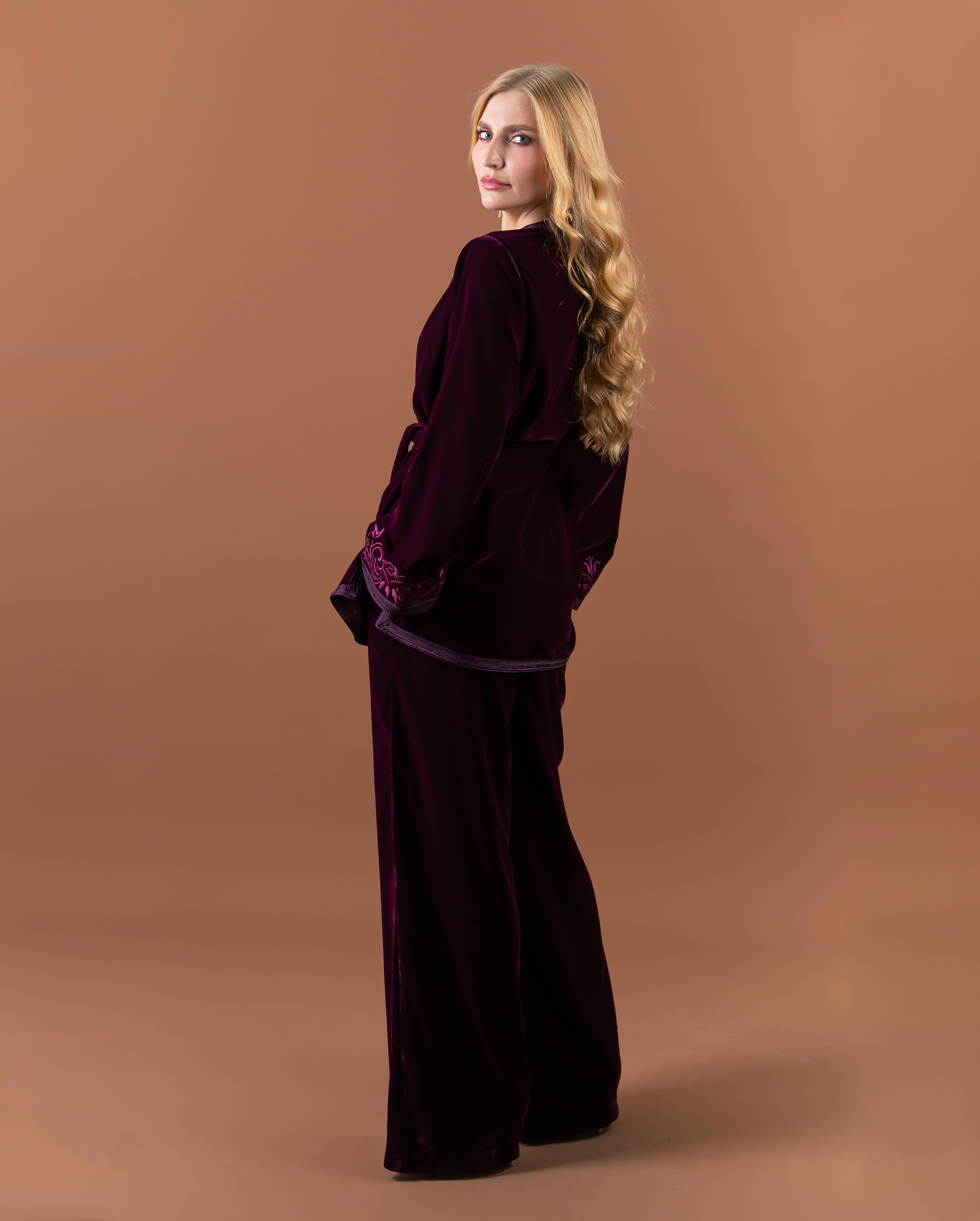 Tunique jabador en velours brodée avec ceinture pour femme-Prune-cote