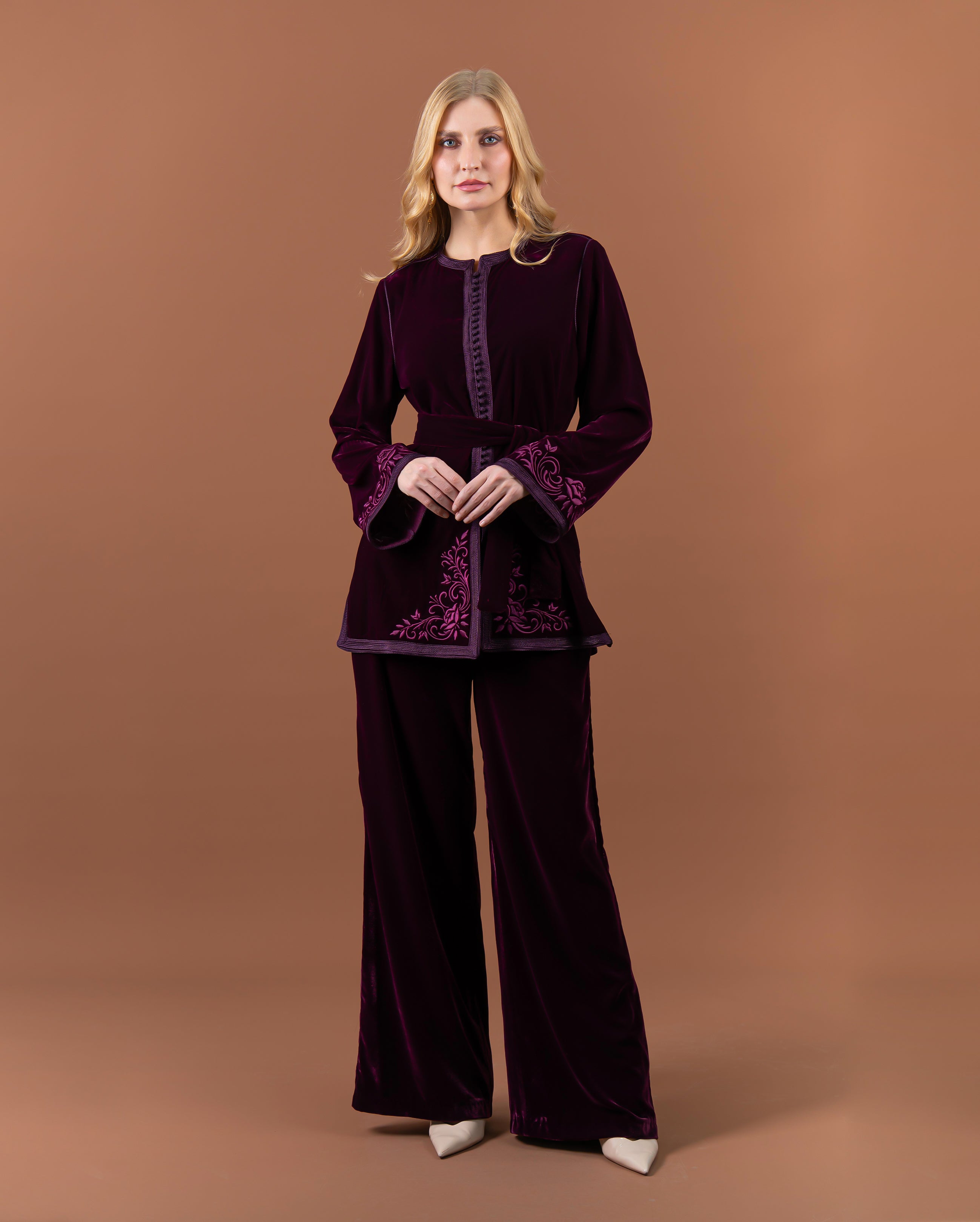 Tunique jabador en velours brodée avec ceinture pour femme-Prune-face