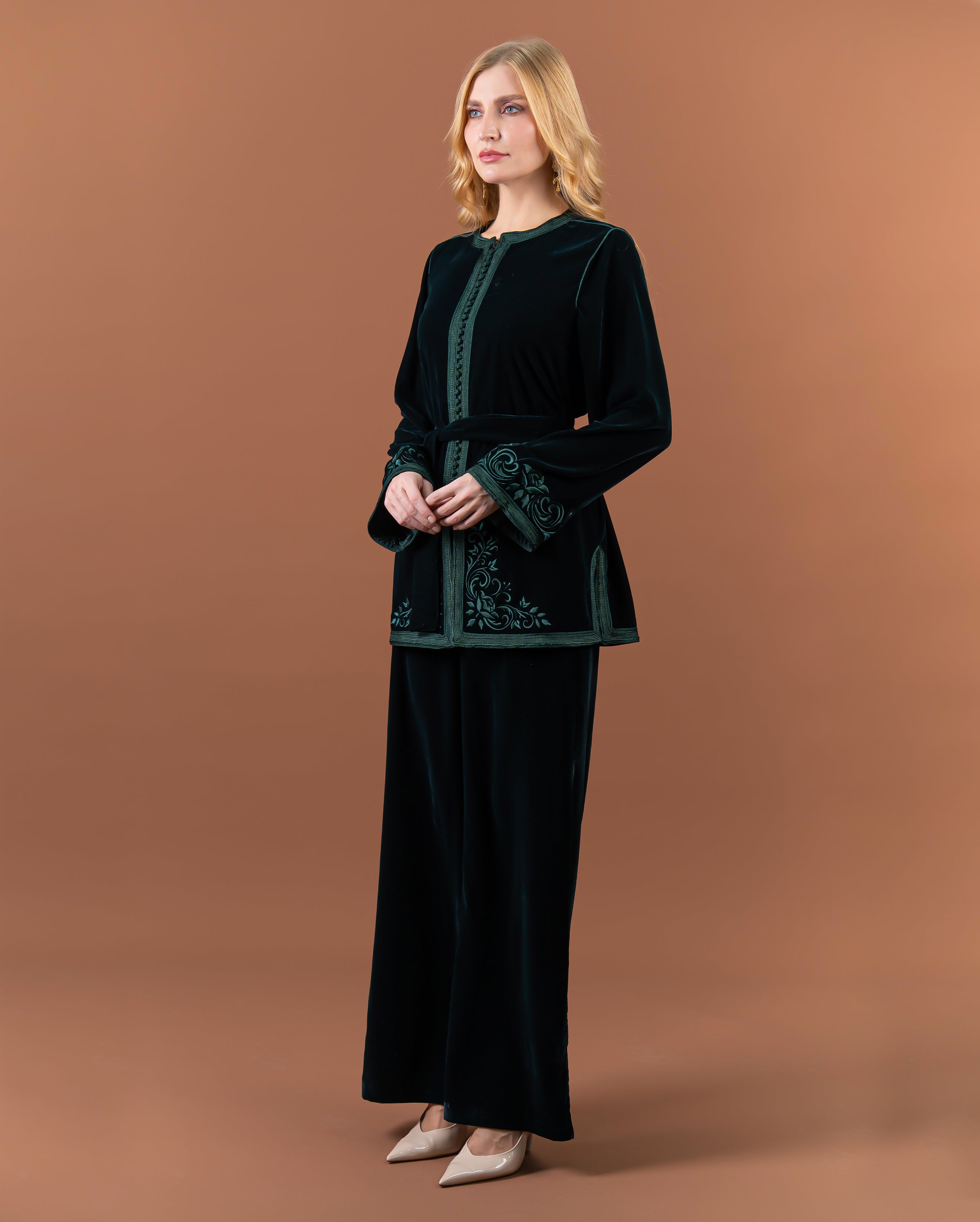 Tunique jabador en velours brodée avec ceinture pour femme-Vert-cote