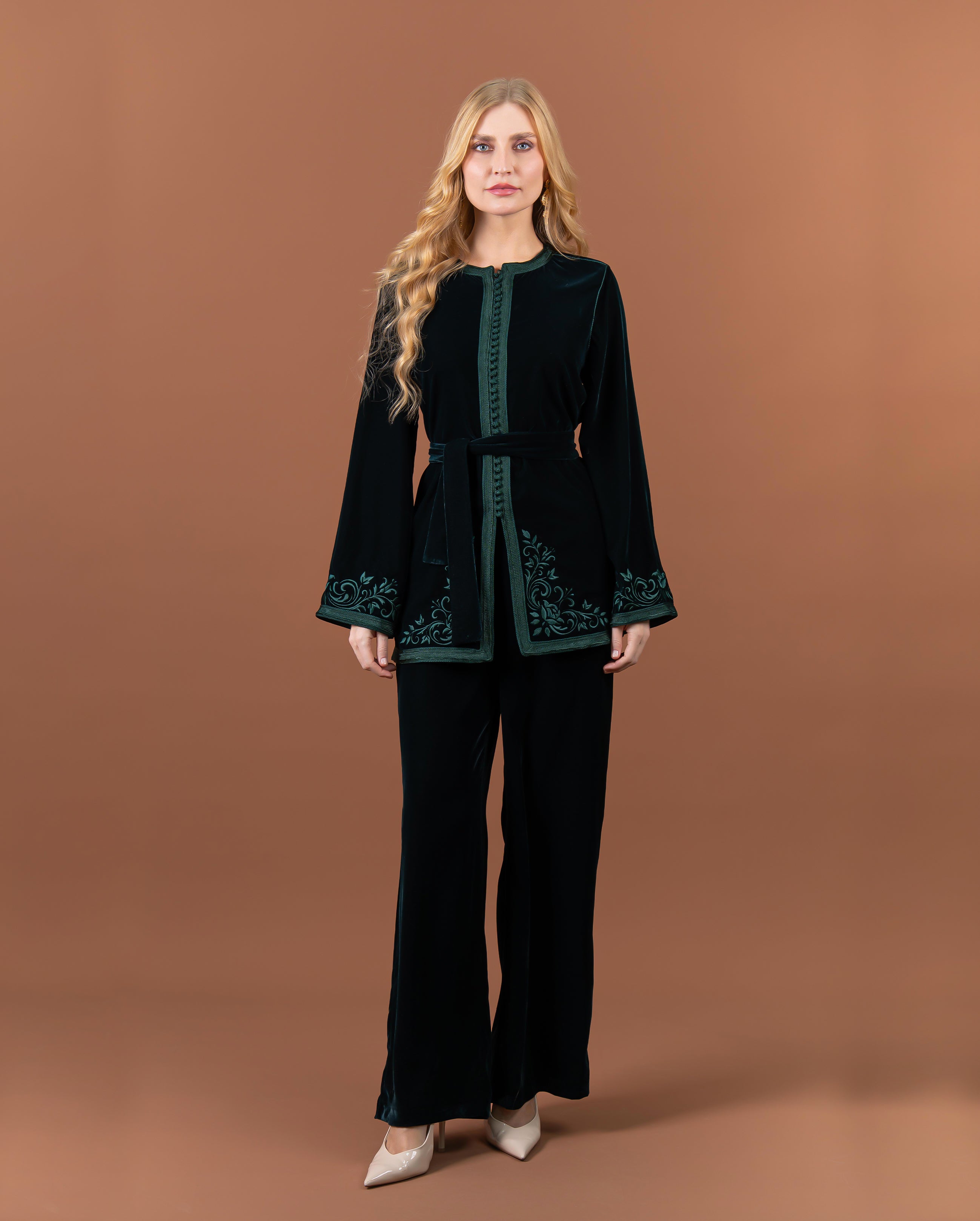 Tunique jabador en velours brodée avec ceinture pour femme-Vert-face