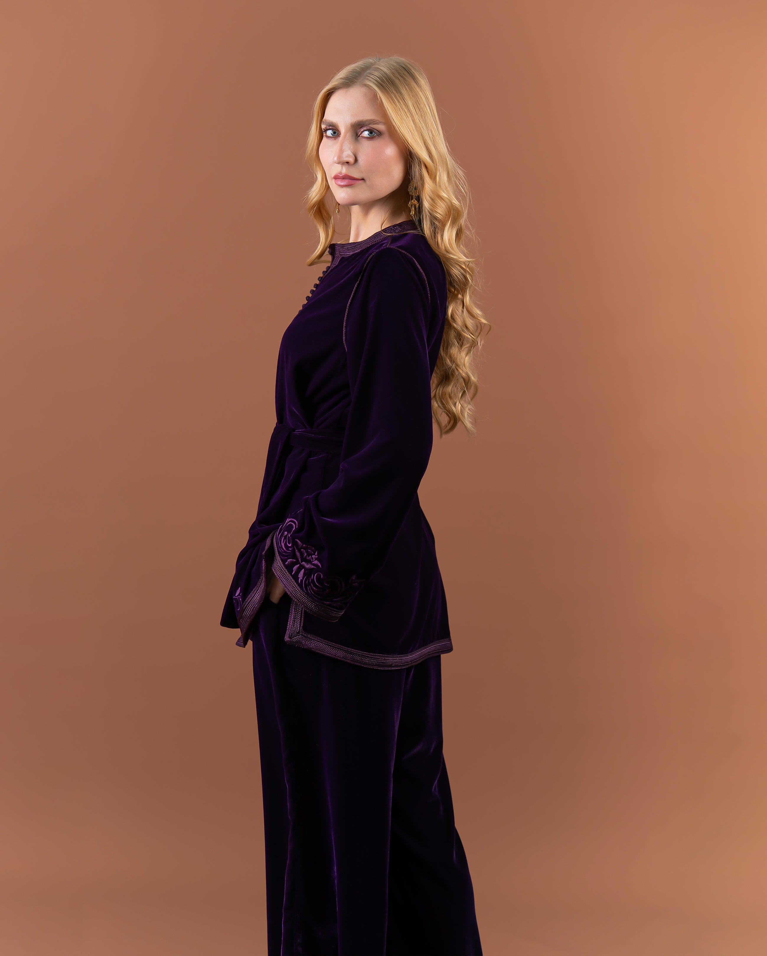 Tunique jabador en velours brodée avec ceinture pour femme-Violet-cote