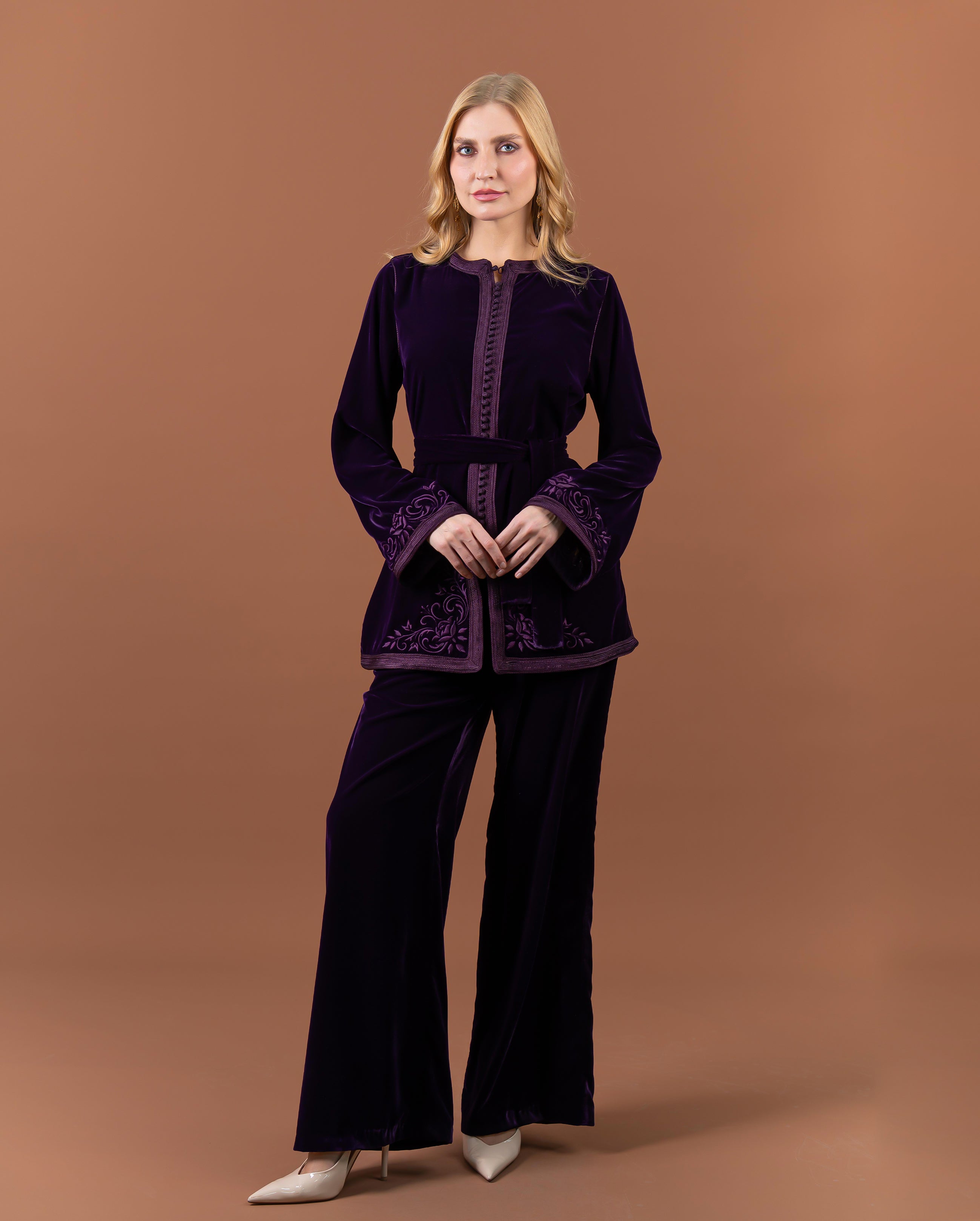 Tunique jabador en velours brodée avec ceinture pour femme-Violet-face